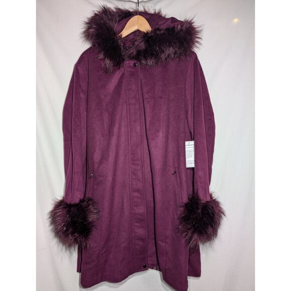 Jessica London Womens Plus Size Wool Blend Hooded Coat 24W Faux Fur Trim Purple - Picture 1 of 9